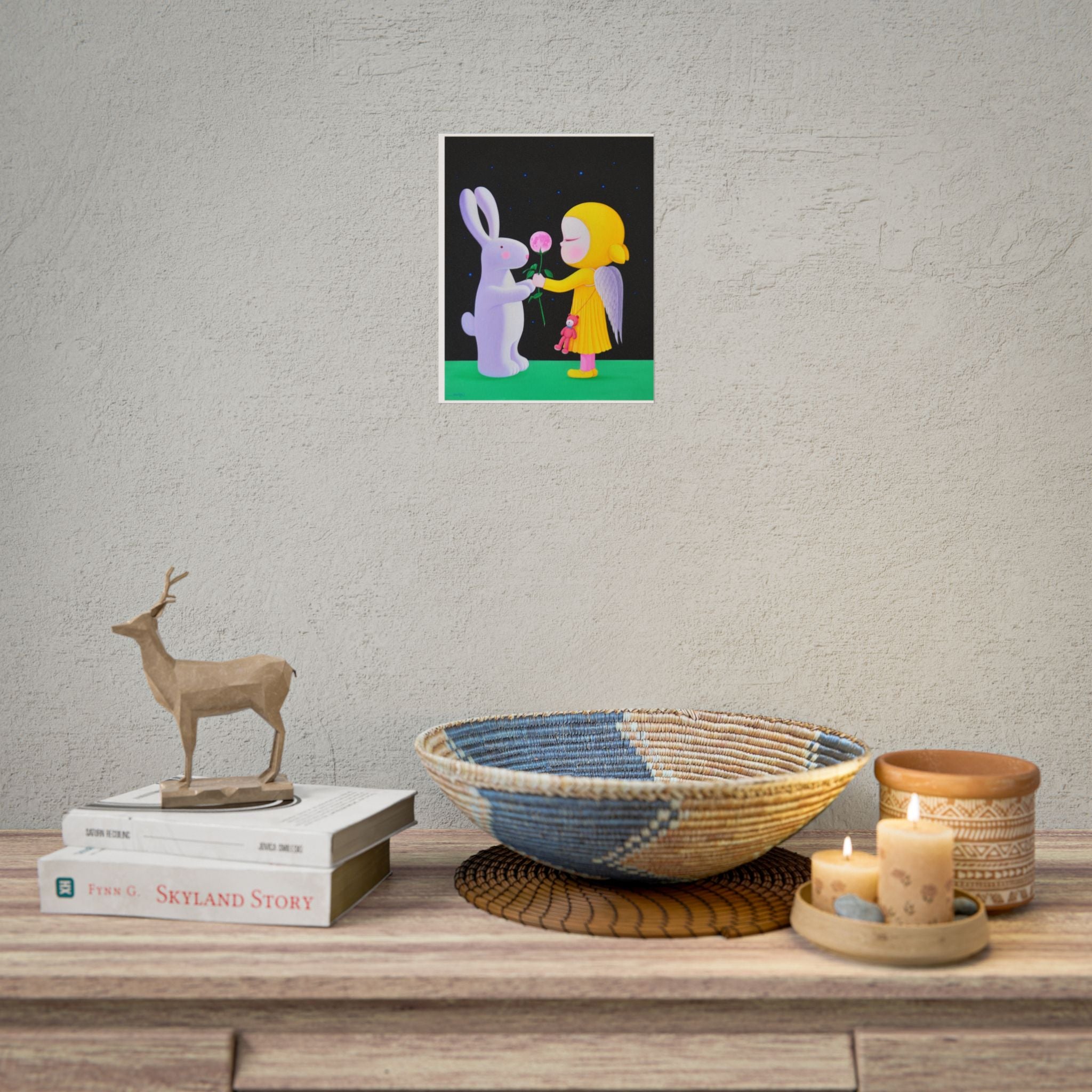 Little Girl with Bunny  Art Poster,  Chinese Contemporary artist - Canvas Print - Artwork for kids