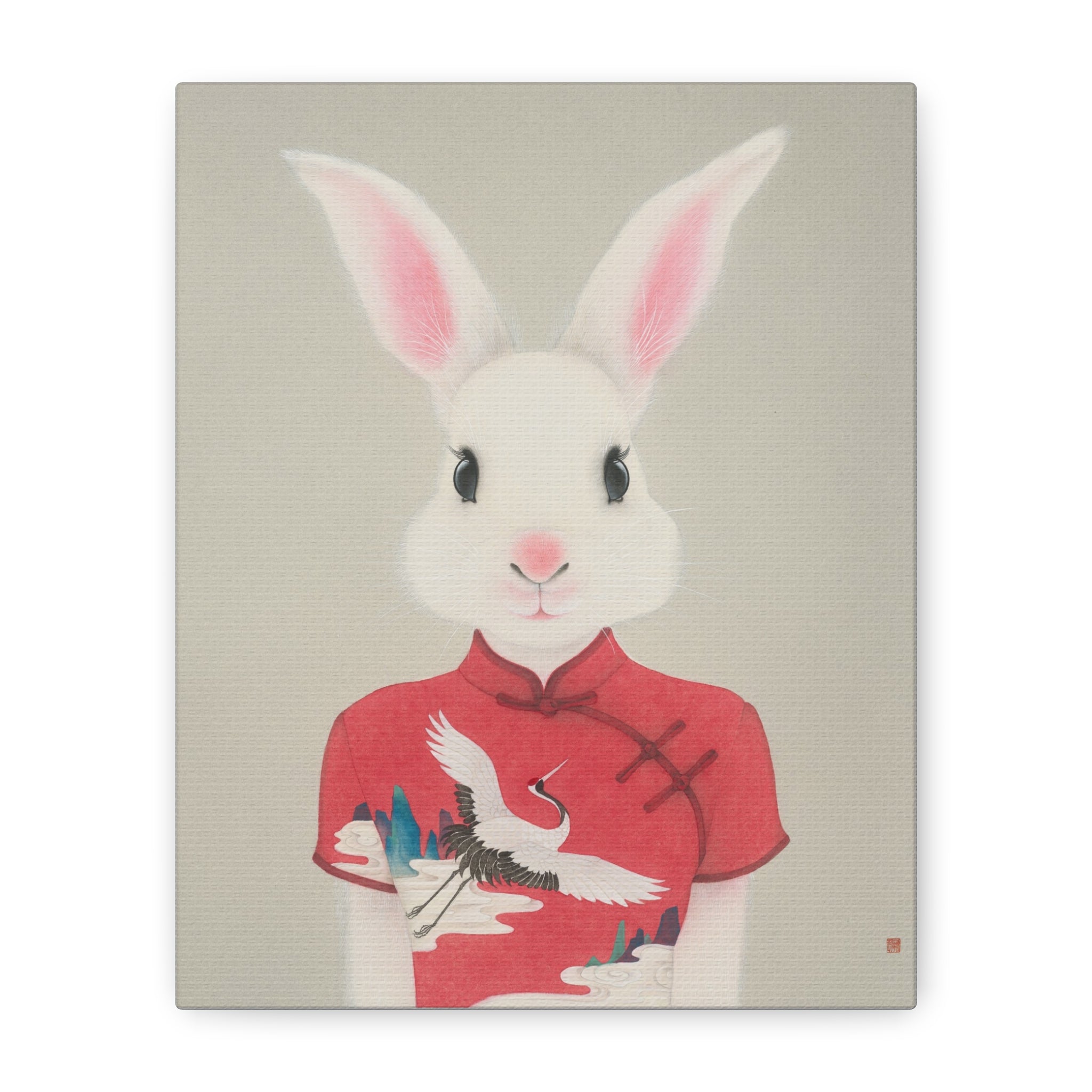 Chinese Qipao Rabbit with butterflies Chinese  Contemporary watercolor painting - Canvas Print