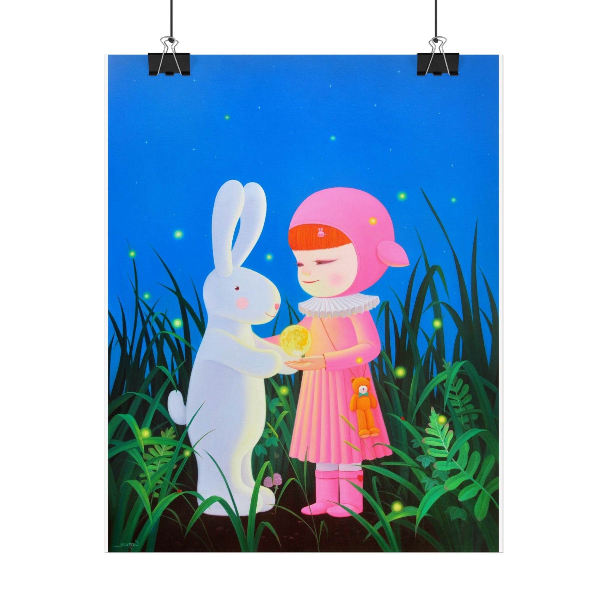 Little Girl, Rabbit & Moon Art Poster, Cute Animal Decor, Christmas Wall Art, Kids Room Decoration, Gift for Animal Lovers