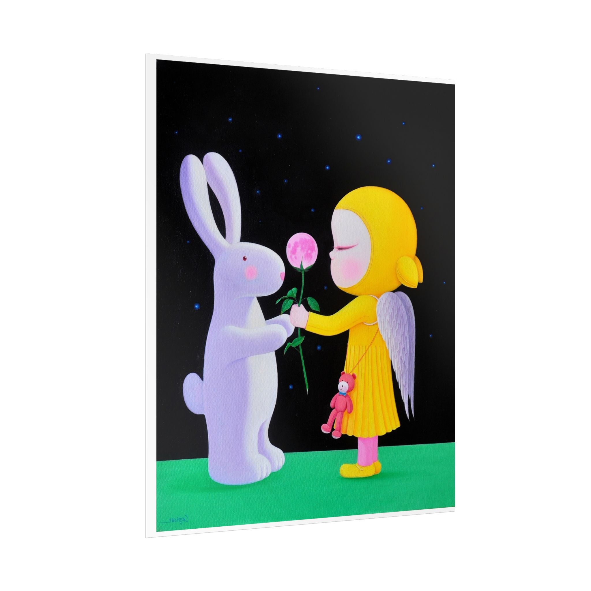 Little Girl with Bunny  Art Poster,  Chinese Contemporary artist - Canvas Print - Artwork for kids