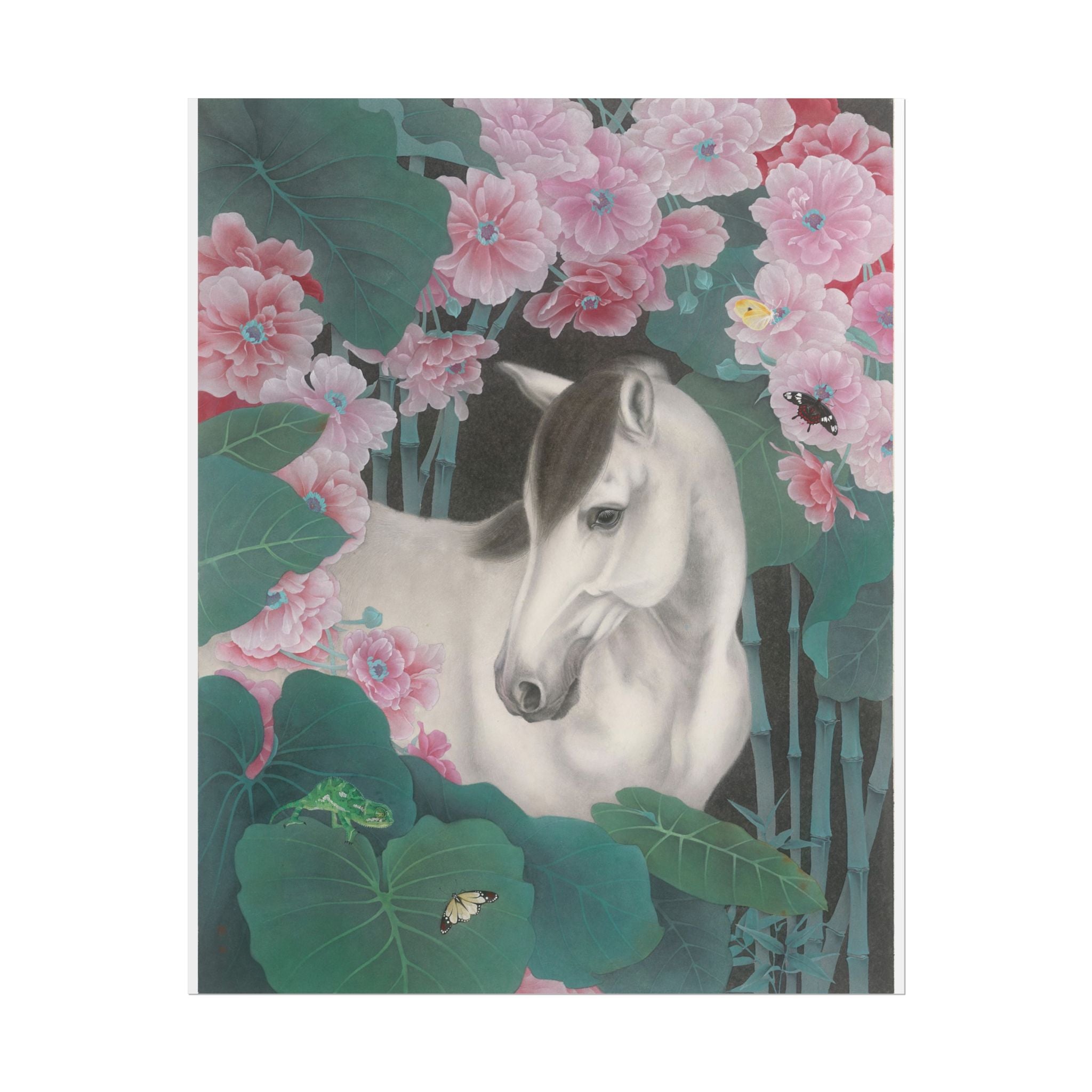Horse in the Lotus Pond Art Poster, Cute Animal Decor, Christmas Wall Art, Kids Room Decoration, Gift for Animal Lovers