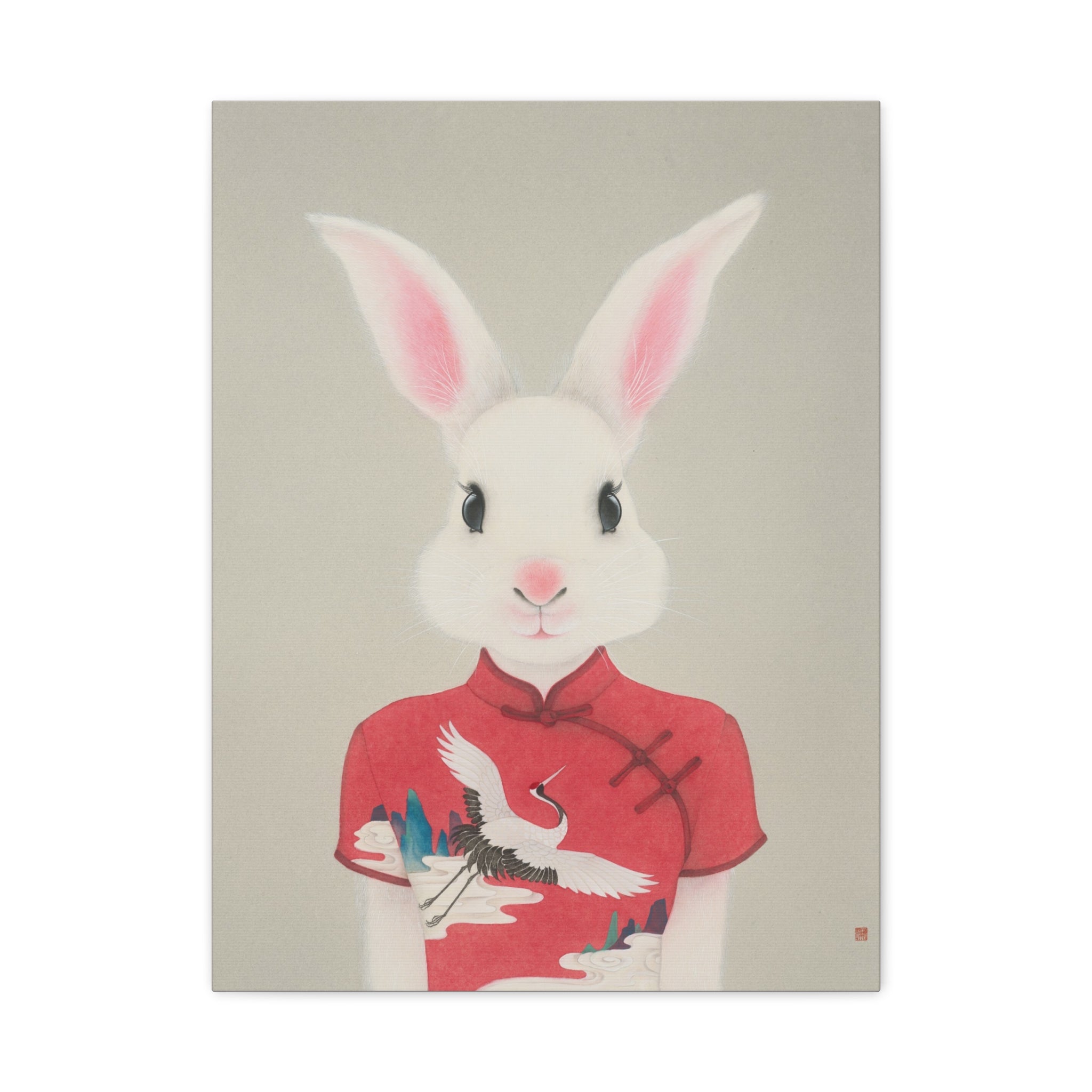 Chinese Qipao Rabbit with butterflies Chinese  Contemporary watercolor painting - Canvas Print