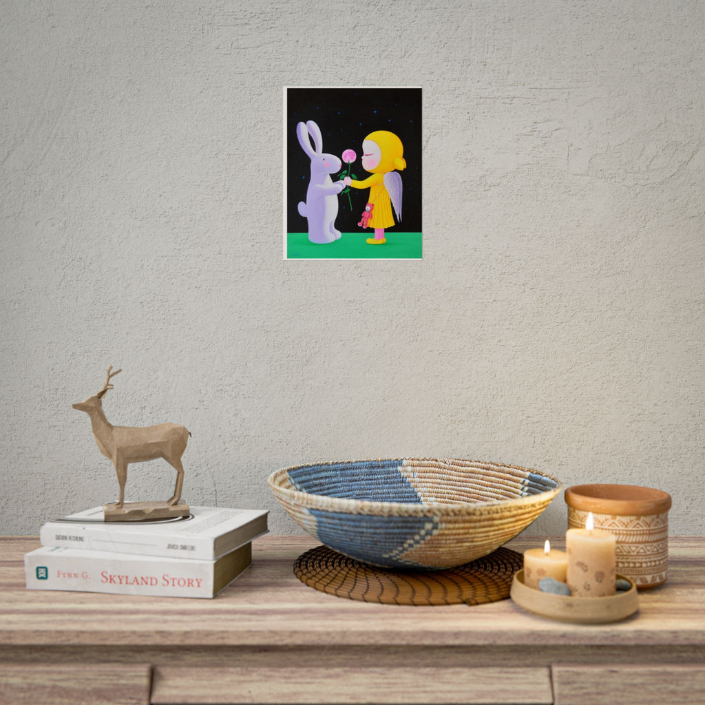 Little Girl with Bunny  Art Poster,  Chinese Contemporary artist - Canvas Print - Artwork for kids