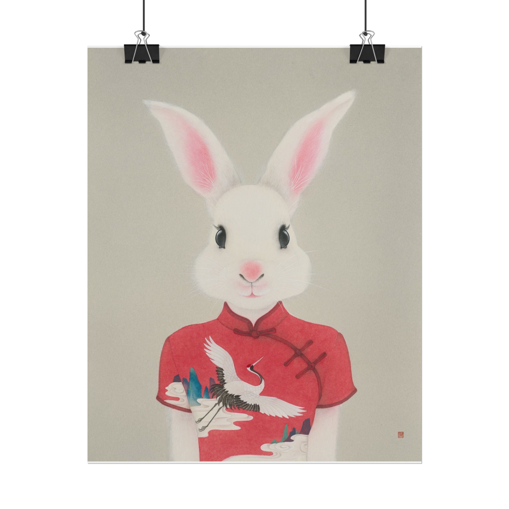 Rabbit with Qipao Art Poster, Cute Animal Decor, Christmas Wall Art, Kids Room Decoration, Gift for Animal Lovers