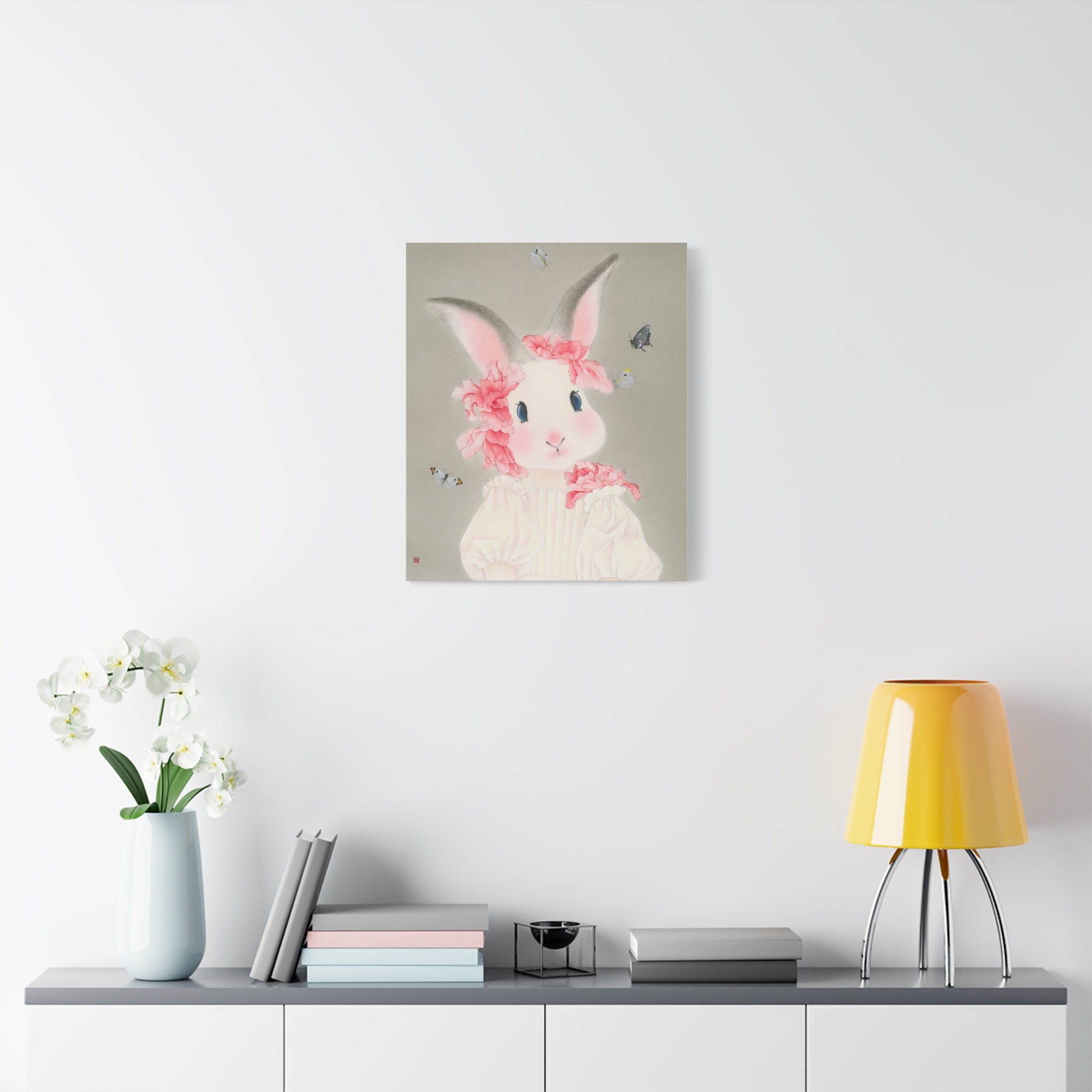 Cute Rabbit with butterflies Chinese  Contemporary watercolor painting - Canvas Print
