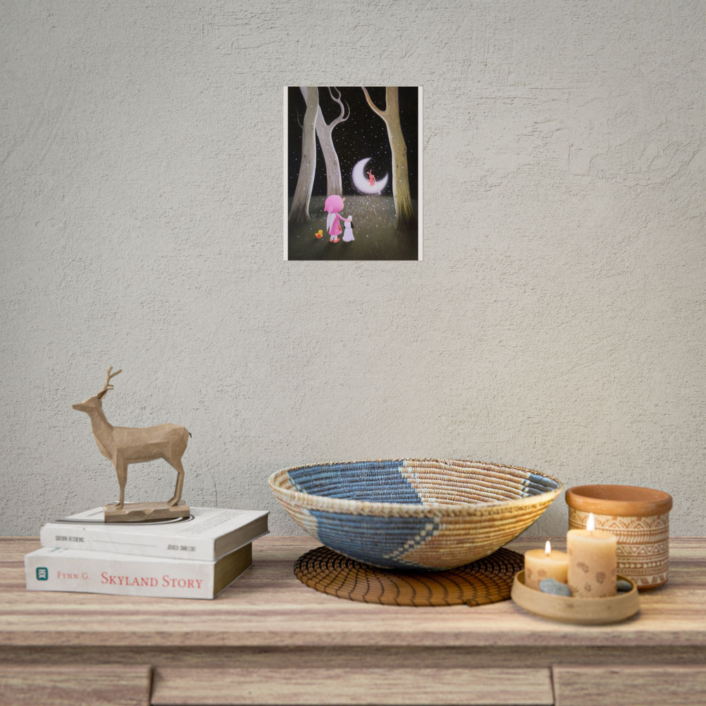 Little Girl with the Moon Art Poster, Cute Animal Decor, Christmas Wall Art, Kids Room Decoration, Gift for Animal Lovers