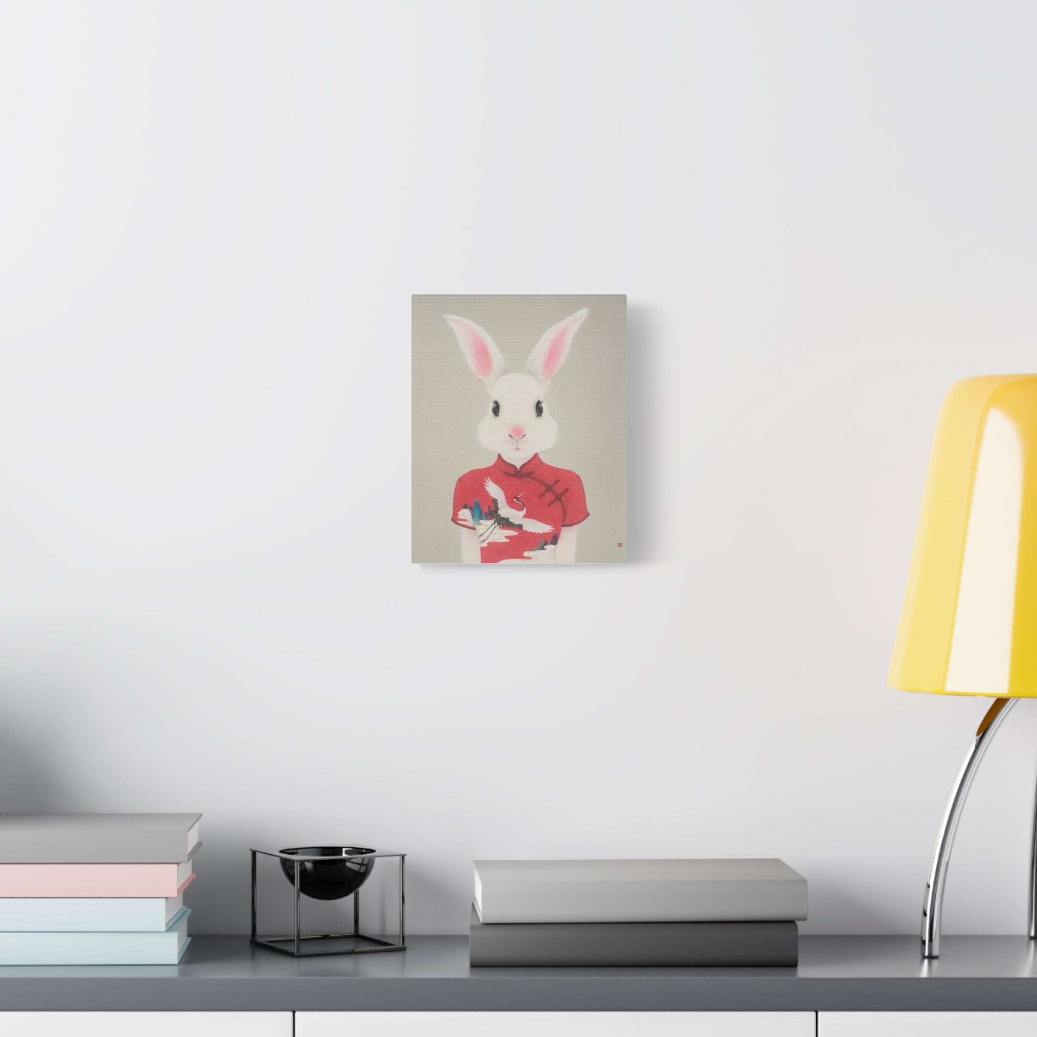 Chinese Qipao Rabbit with butterflies Chinese  Contemporary watercolor painting - Canvas Print
