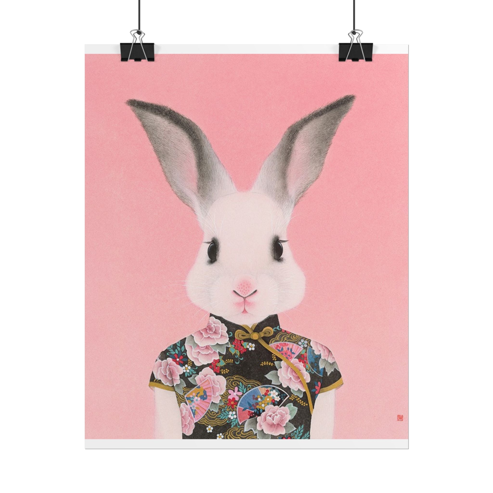 Rabbit in Qipao Art Poster, Cute Animal Decor, Christmas Wall Art, Kids Room Decoration, Gift for Animal Lovers