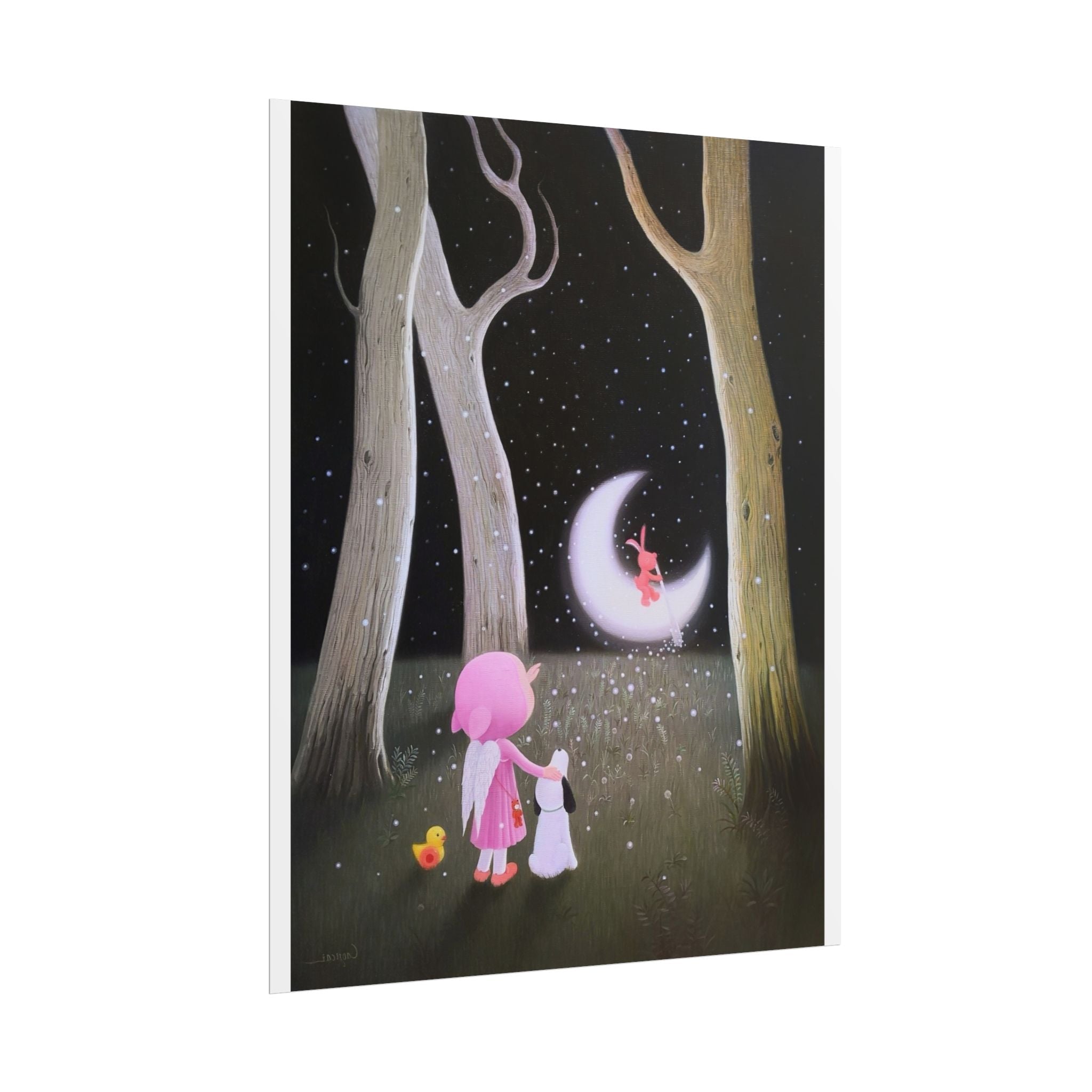 Little Girl with the Moon Art Poster, Cute Animal Decor, Christmas Wall Art, Kids Room Decoration, Gift for Animal Lovers