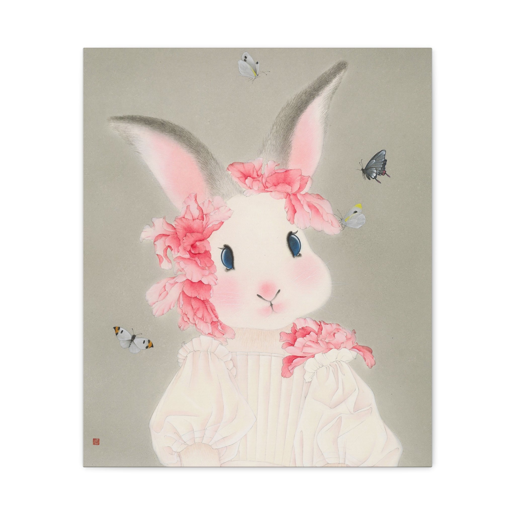 Cute Rabbit with butterflies Chinese  Contemporary watercolor painting - Canvas Print