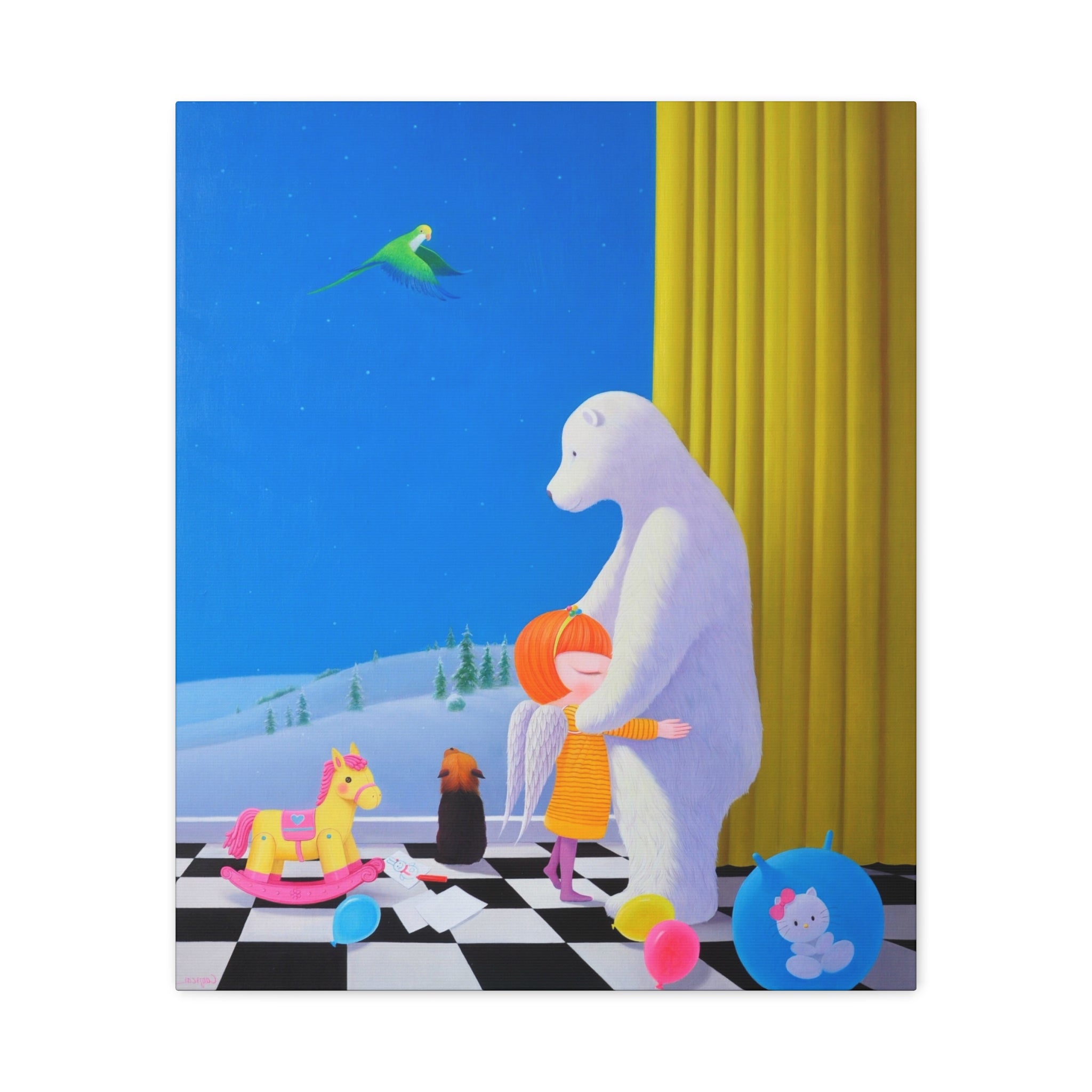 Little Girl with Her Bear -  Chinese  Contemporary artist - Canvas Print - Artwork for kids