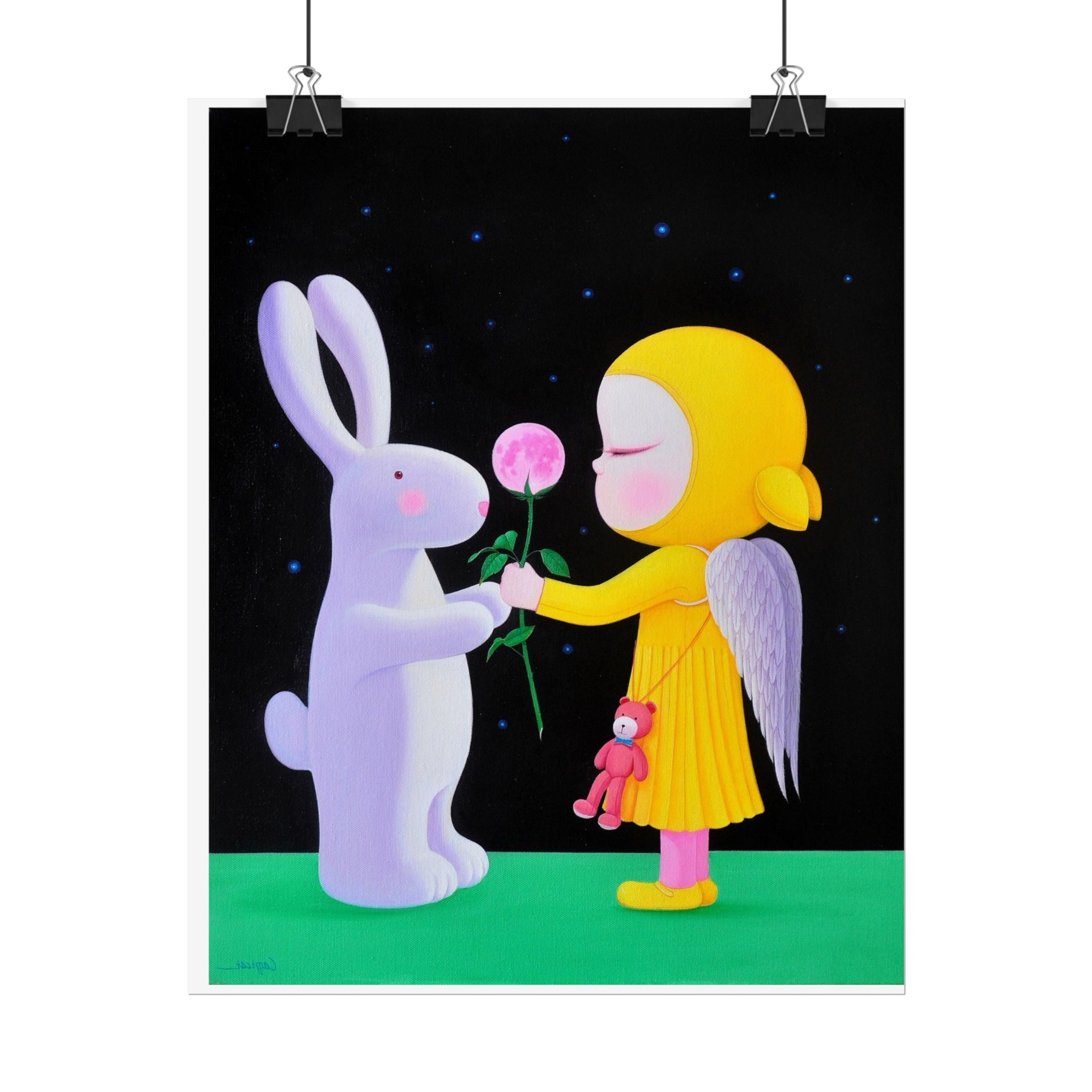 Little Girl with Bunny  Art Poster,  Chinese Contemporary artist - Canvas Print - Artwork for kids