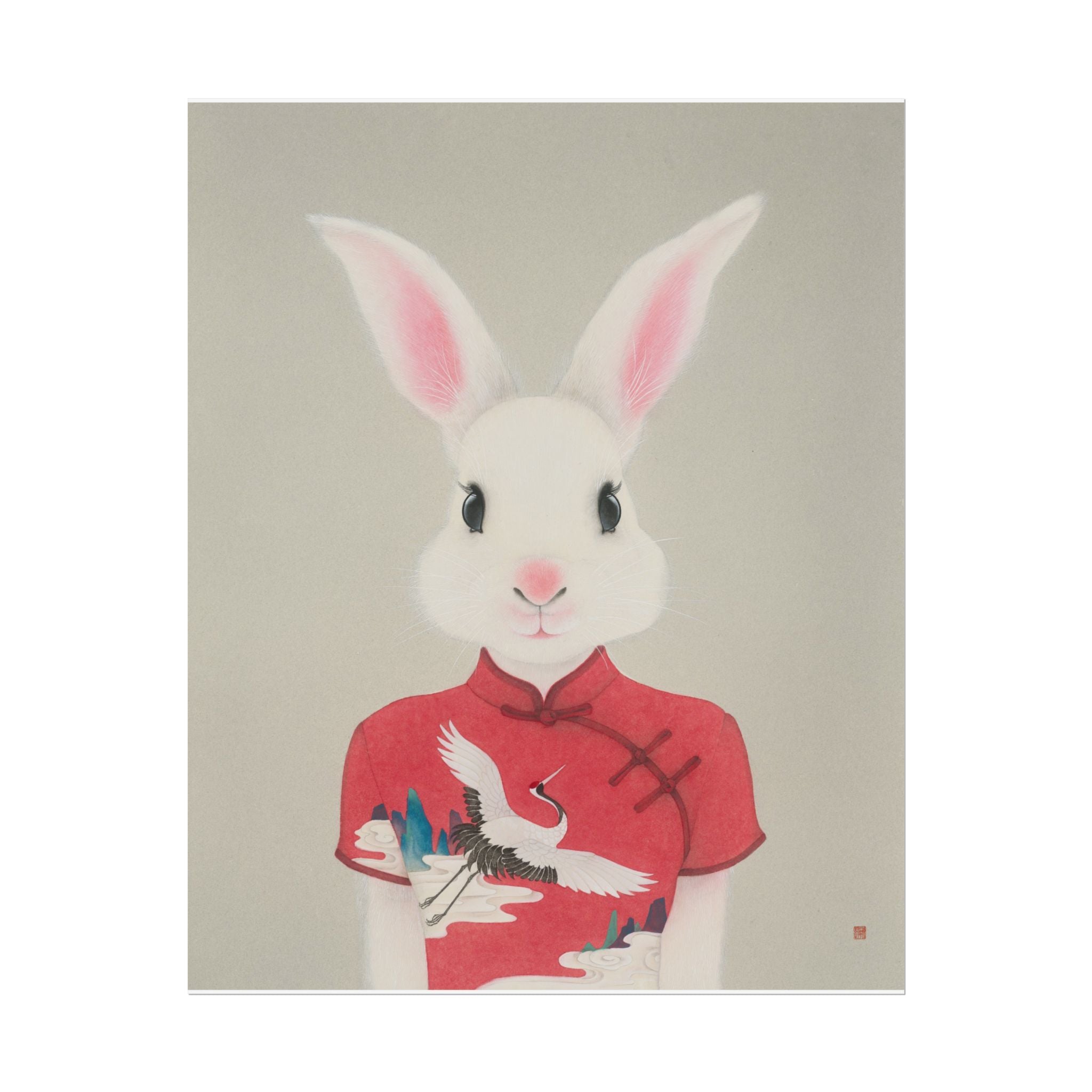 Rabbit with Qipao Art Poster, Cute Animal Decor, Christmas Wall Art, Kids Room Decoration, Gift for Animal Lovers