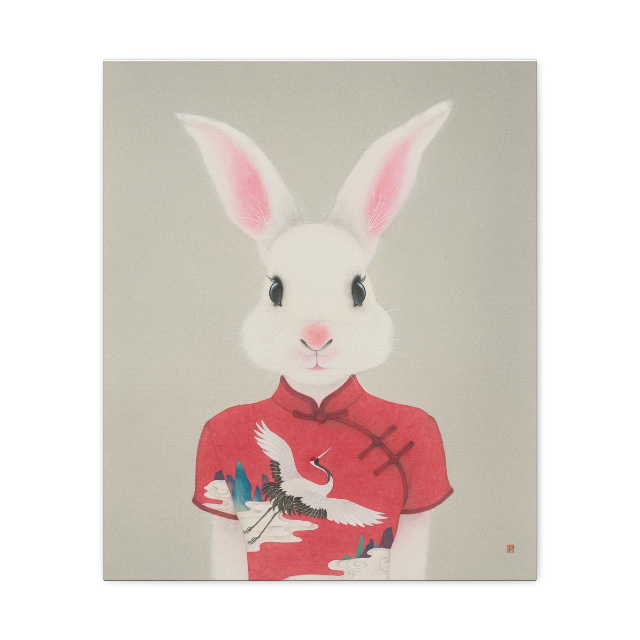 Chinese Qipao Rabbit with butterflies Chinese  Contemporary watercolor painting - Canvas Print
