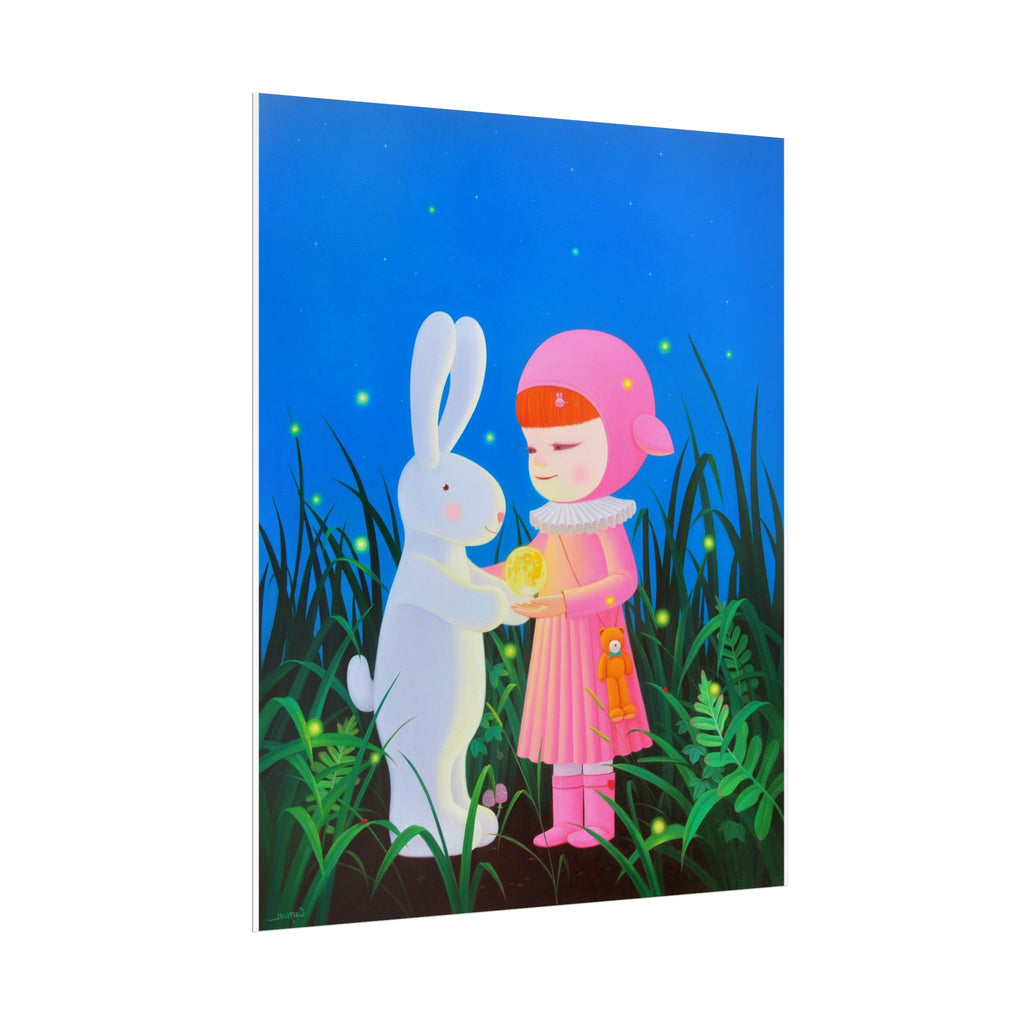 Little Girl, Rabbit & Moon Art Poster, Cute Animal Decor, Christmas Wall Art, Kids Room Decoration, Gift for Animal Lovers