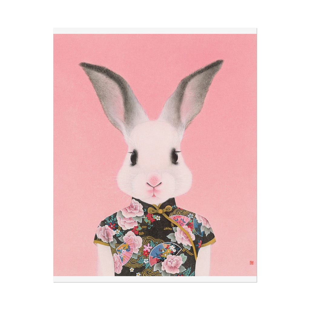 Rabbit in Qipao Art Poster, Cute Animal Decor, Christmas Wall Art, Kids Room Decoration, Gift for Animal Lovers