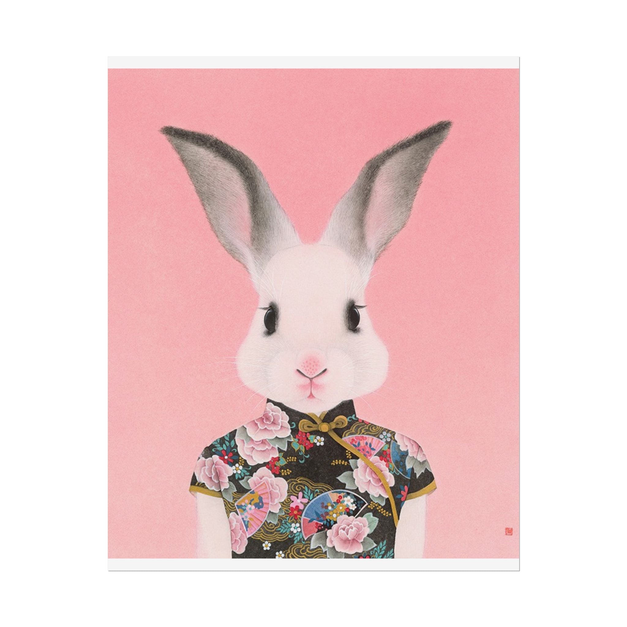Rabbit in Qipao Art Poster, Cute Animal Decor, Christmas Wall Art, Kids Room Decoration, Gift for Animal Lovers