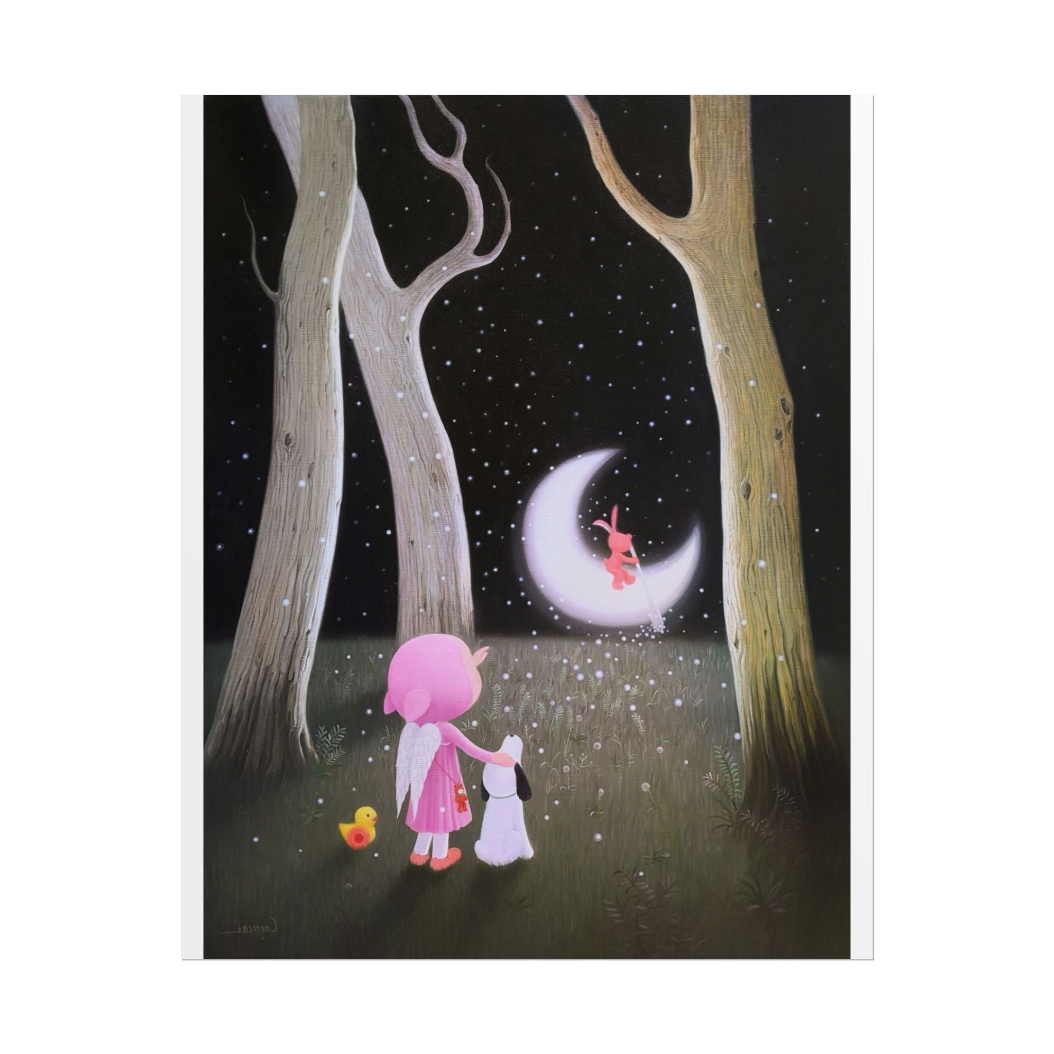 Little Girl with the Moon Art Poster, Cute Animal Decor, Christmas Wall Art, Kids Room Decoration, Gift for Animal Lovers