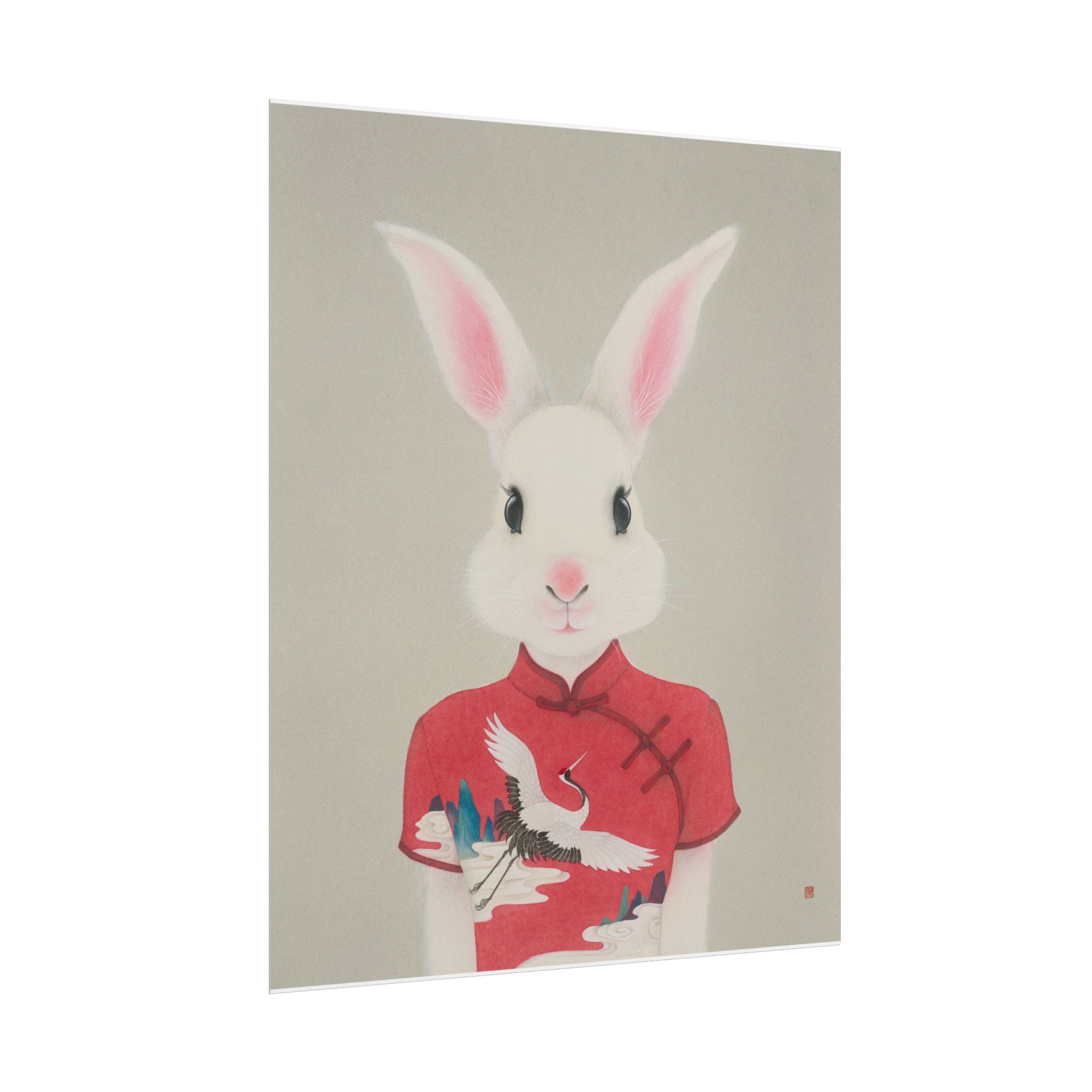 Rabbit with Qipao Art Poster, Cute Animal Decor, Christmas Wall Art, Kids Room Decoration, Gift for Animal Lovers