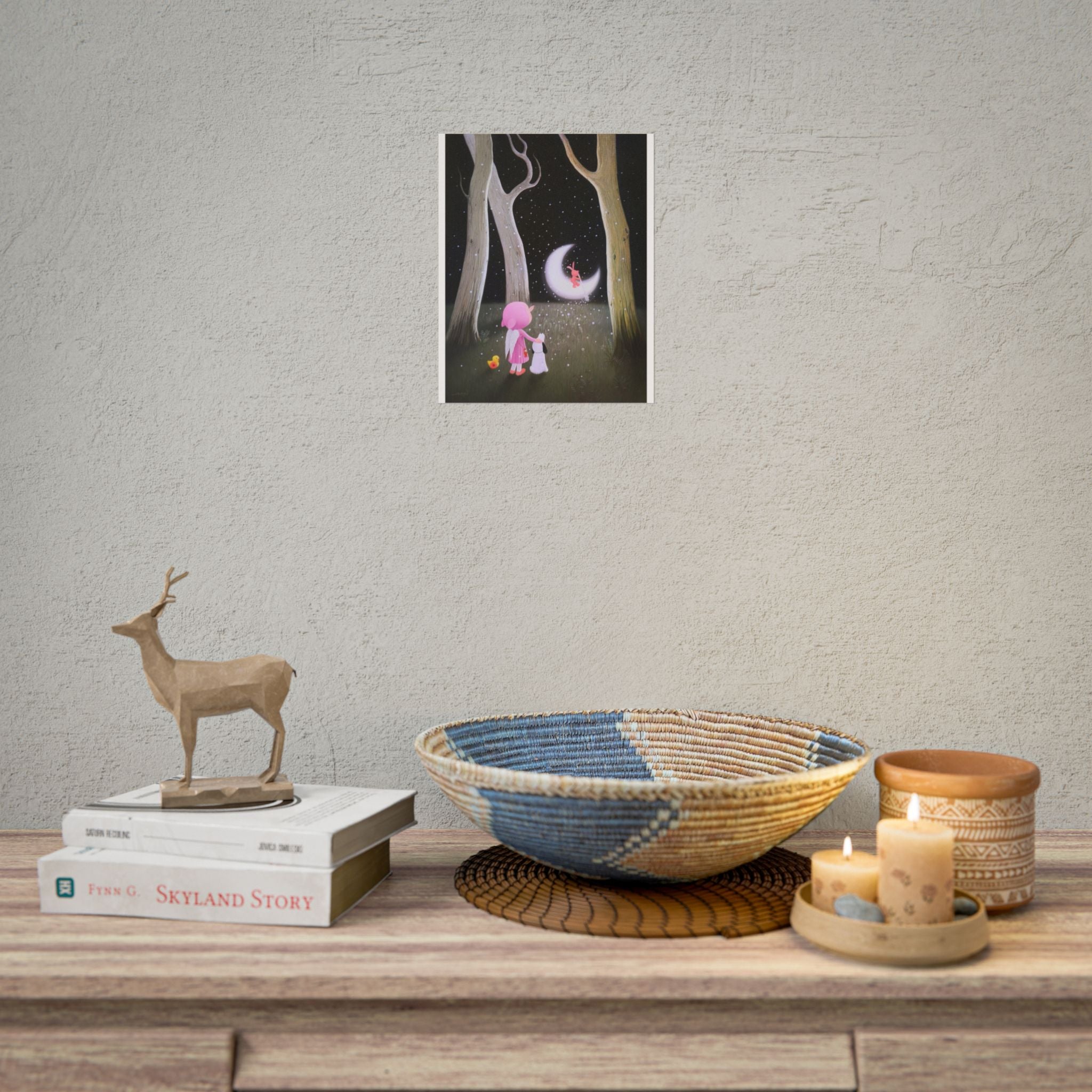 Little Girl with the Moon Art Poster, Cute Animal Decor, Christmas Wall Art, Kids Room Decoration, Gift for Animal Lovers