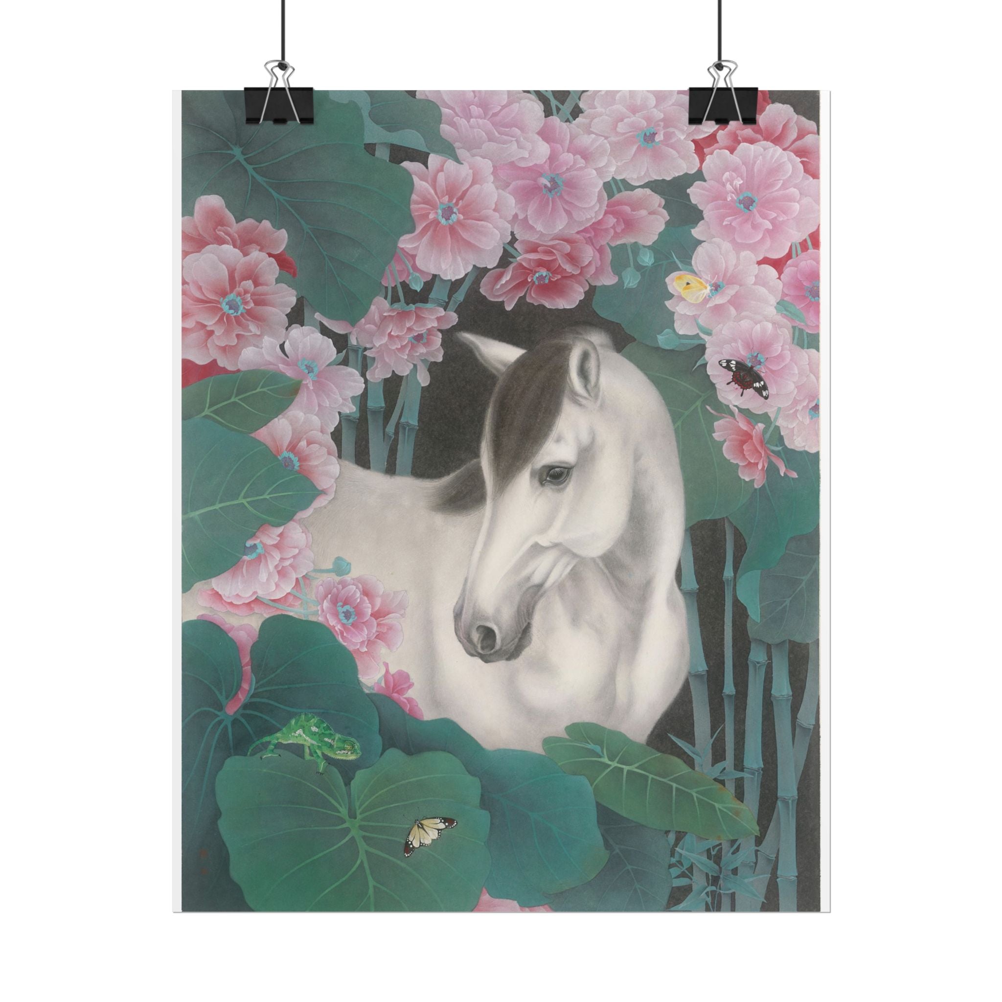 Horse in the Lotus Pond Art Poster, Cute Animal Decor, Christmas Wall Art, Kids Room Decoration, Gift for Animal Lovers